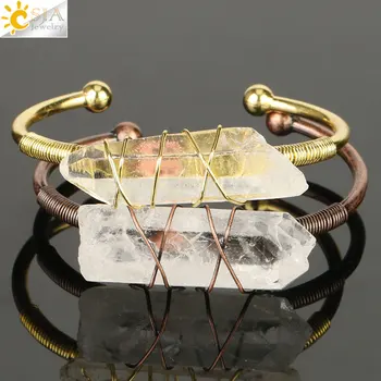 CSJA Prírodného Kameňa Číry Kremeň Bangles Otvorená Manžeta Náramok Drôtu Zábal Nepravidelný Crystal Kamene Medený Náramok Ženské Šperky G168