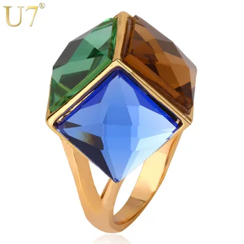 U7 Big Green Crystal Krúžok Pre Ženy, Zlatá Farba Strán, Šperky, Módne Farebné Ozdobný Kameň Vyhlásenie Krúžky R352